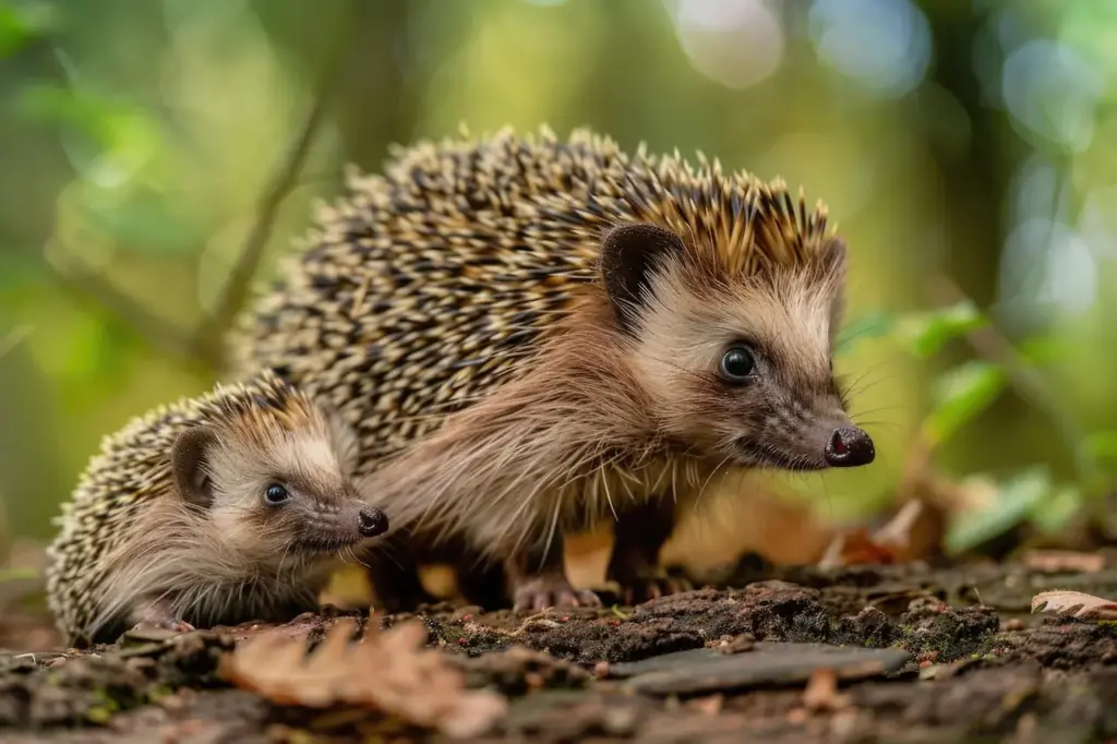 A Baby and a Mother Hedgehog Standing Together